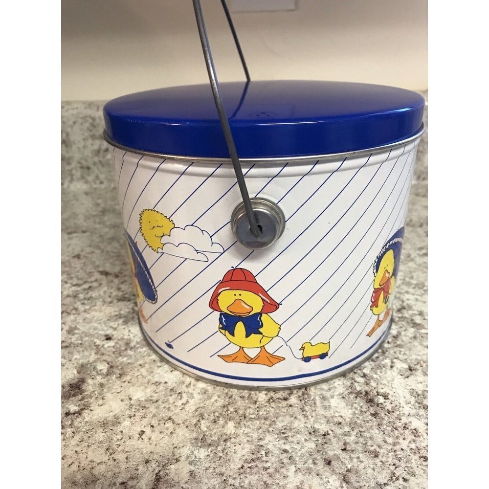 Ducks in Rain Gear Decorative Tin w/ Handle 1986 Howardesign  Sewing Lunch Pail